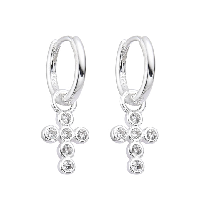 Argollas Huggies 10mm con Cruz en Plata 925