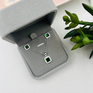 Juego Cuadrado con Circon Verde en Plata 925
