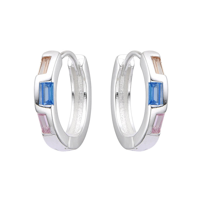 Argollas Huggies de Colores con Baguette 14mm en Plata 925