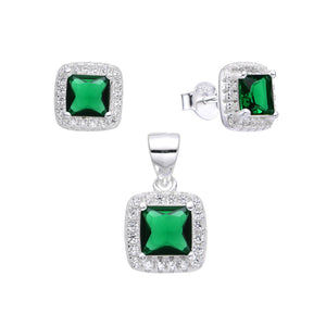 Juego Cuadrado con Circon Verde en Plata 925