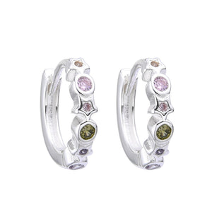 Argollas Huggies de Estrellas y Punto Luz 14mm en Plata 925