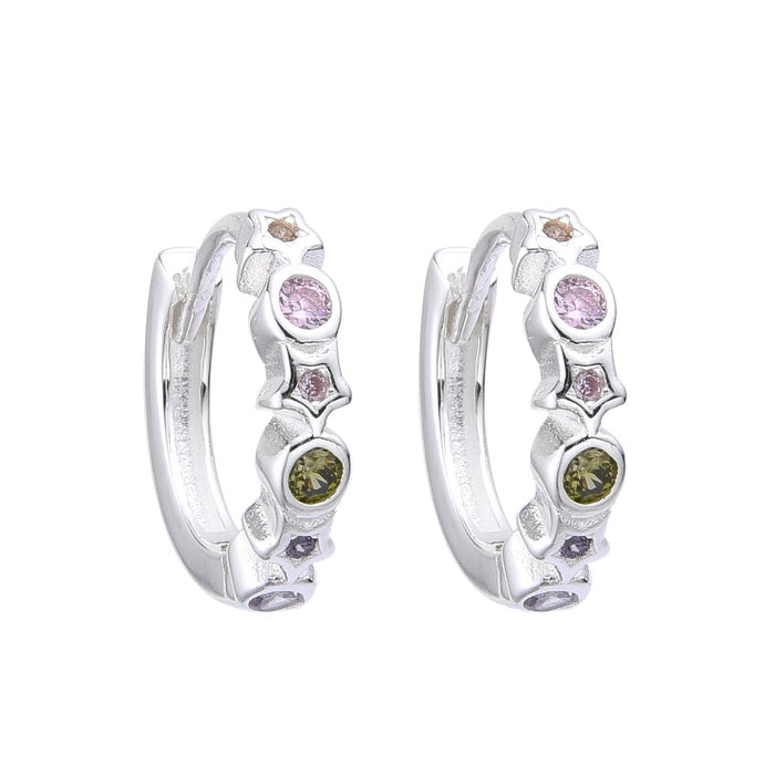 Argollas Huggies de Estrellas y Punto Luz 14mm en Plata 925