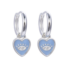 Cargar imagen en el visor de la galería, Argollas Huggies Corazón y Ojo Turco Azul 12mm en Plata 925
