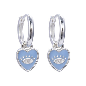 Argollas Huggies Corazón y Ojo Turco Azul 12mm en Plata 925