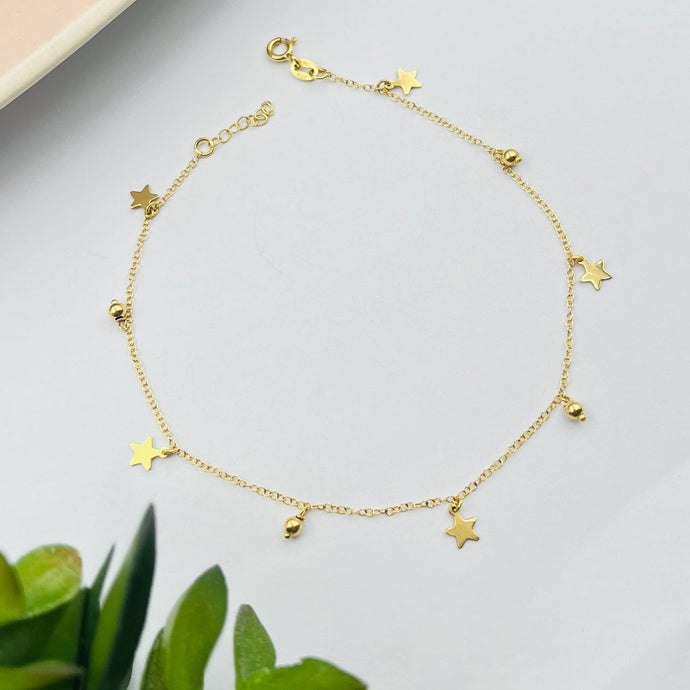 Tobillera de Estrellas Mini Y Bolitas en Oro 18k
