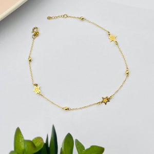 Tobillera de Estrellas Dobles Y Bolitas en Oro 18k