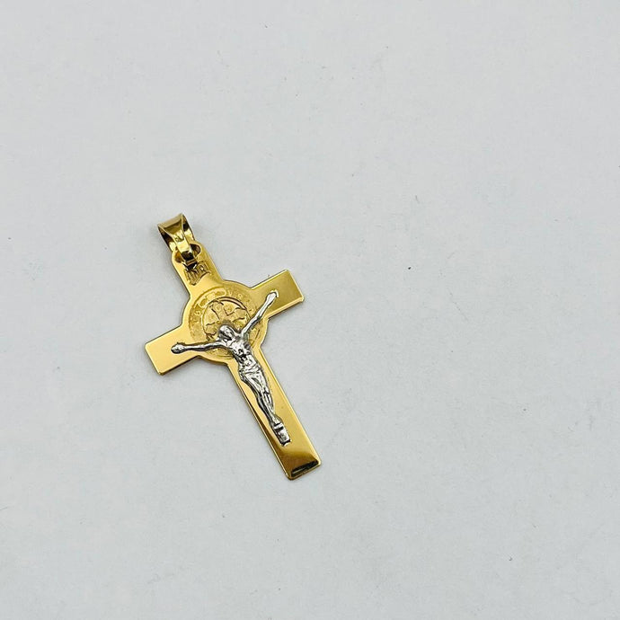 Dije De Cruz Grande En Oro 18k Con San Benito Y Cristo en Oro Blanco