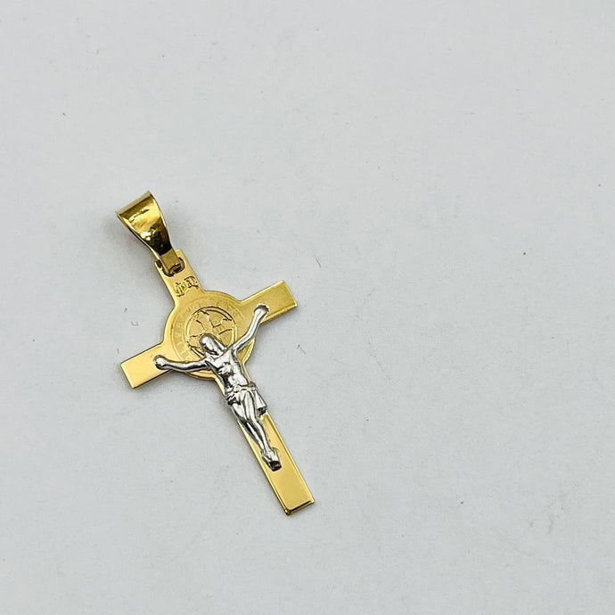 Dije De Cruz Pequeña En Oro 18k Con San Benito Y Cristo en Oro Blanco